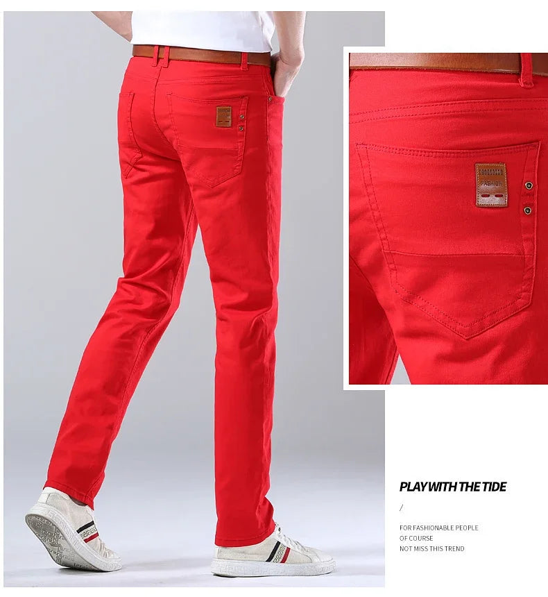 2024 Autumn New Men's Stretch Fit Jeans Bright Trendy Denim Straight-leg Trousers Male Red Lake Blue Yellow Trousers