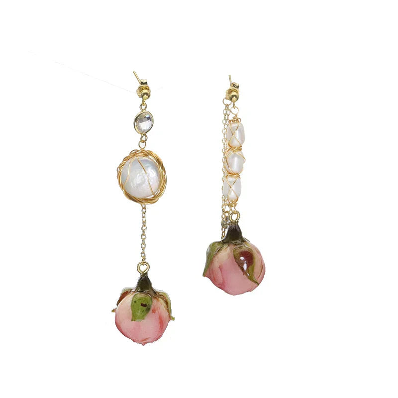 Natural Freshwater Pearl Enamel Resin Flower Earrings Korean Style Women's Luxury Vintage Jewelry Fashion Ladies and Girls Gift