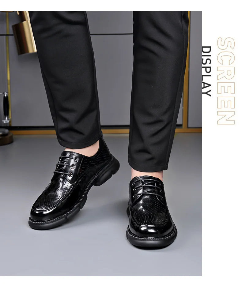 Summer Hallow Cow Leather Shoes for Men Fashion Casual Black New Designer Dress Shoes Male Lace Breathable Platform Shoes Man