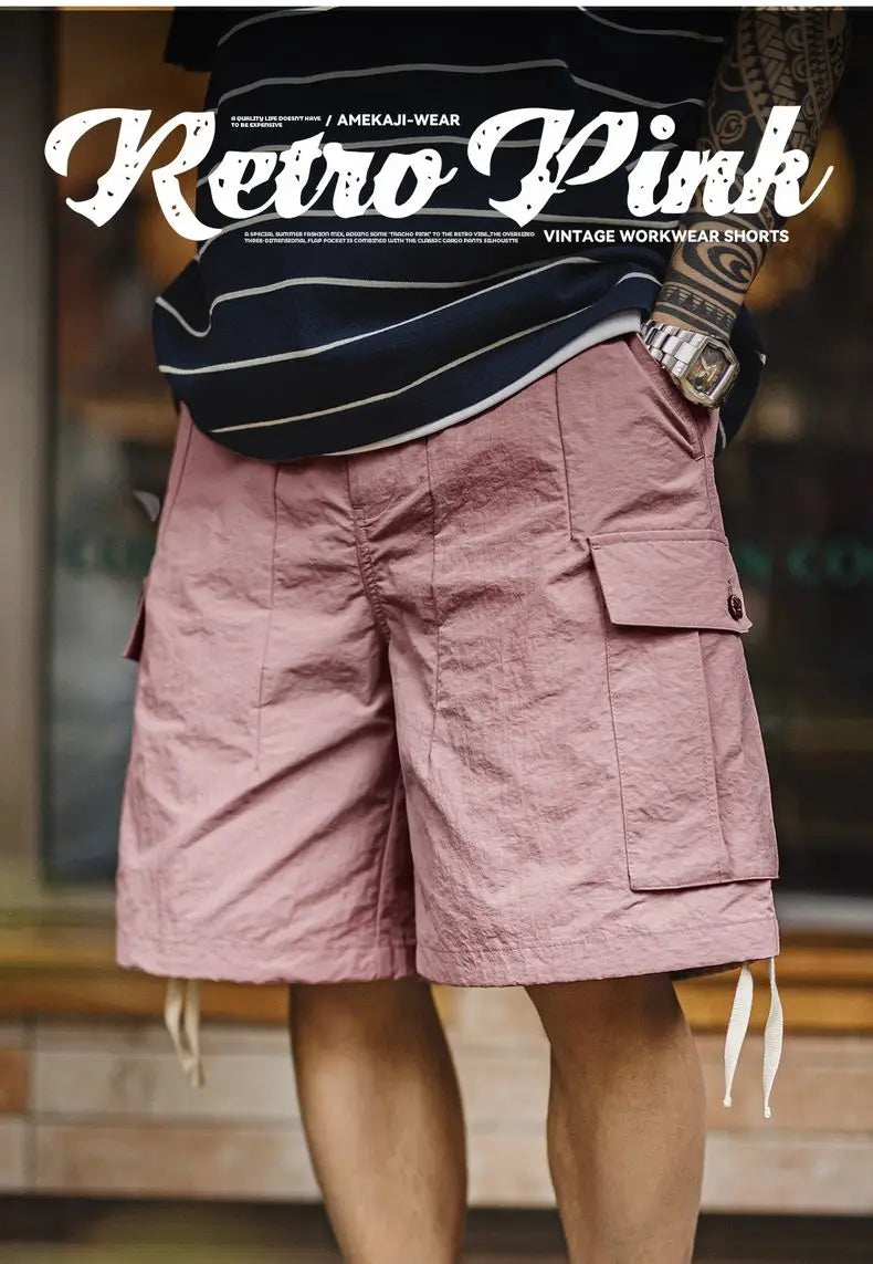 Outdoor Quick-Dry Pink Cargo Shorts Men's Summer Lightweight Woven Elastic Waist Shorts Loose Straight Bottoms for Sports