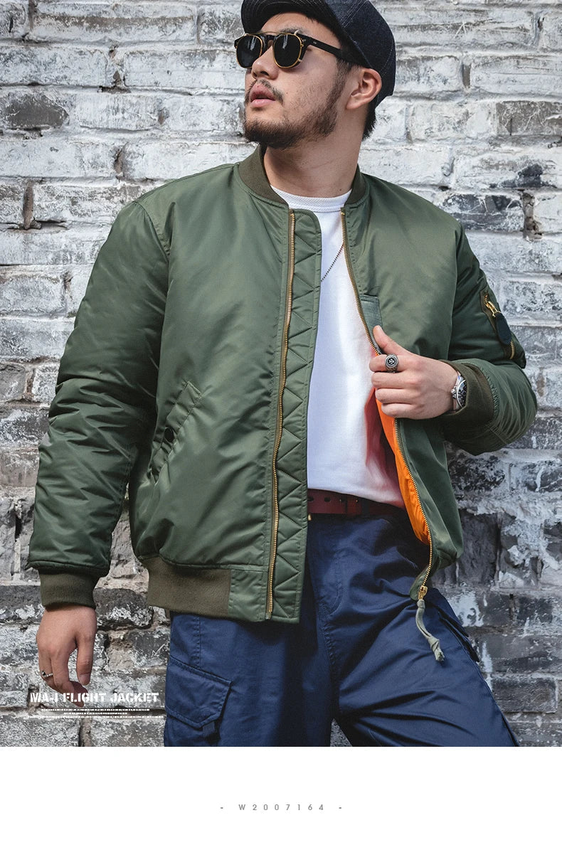 Vintage MA1 Pilot Jacket Green Thickened Cotton-padded Jacket Casual Baseball Pockets Flight Zipper Outwear for Men's Fall