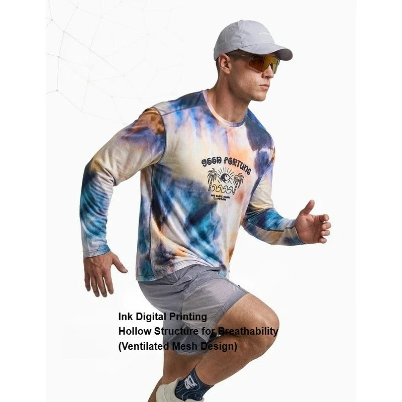 Men's Long Sleeve Sports T-Shirt Quick Dry Stretch Athletic Base Layer Ink Digital Printing Workout Running Top Unisex