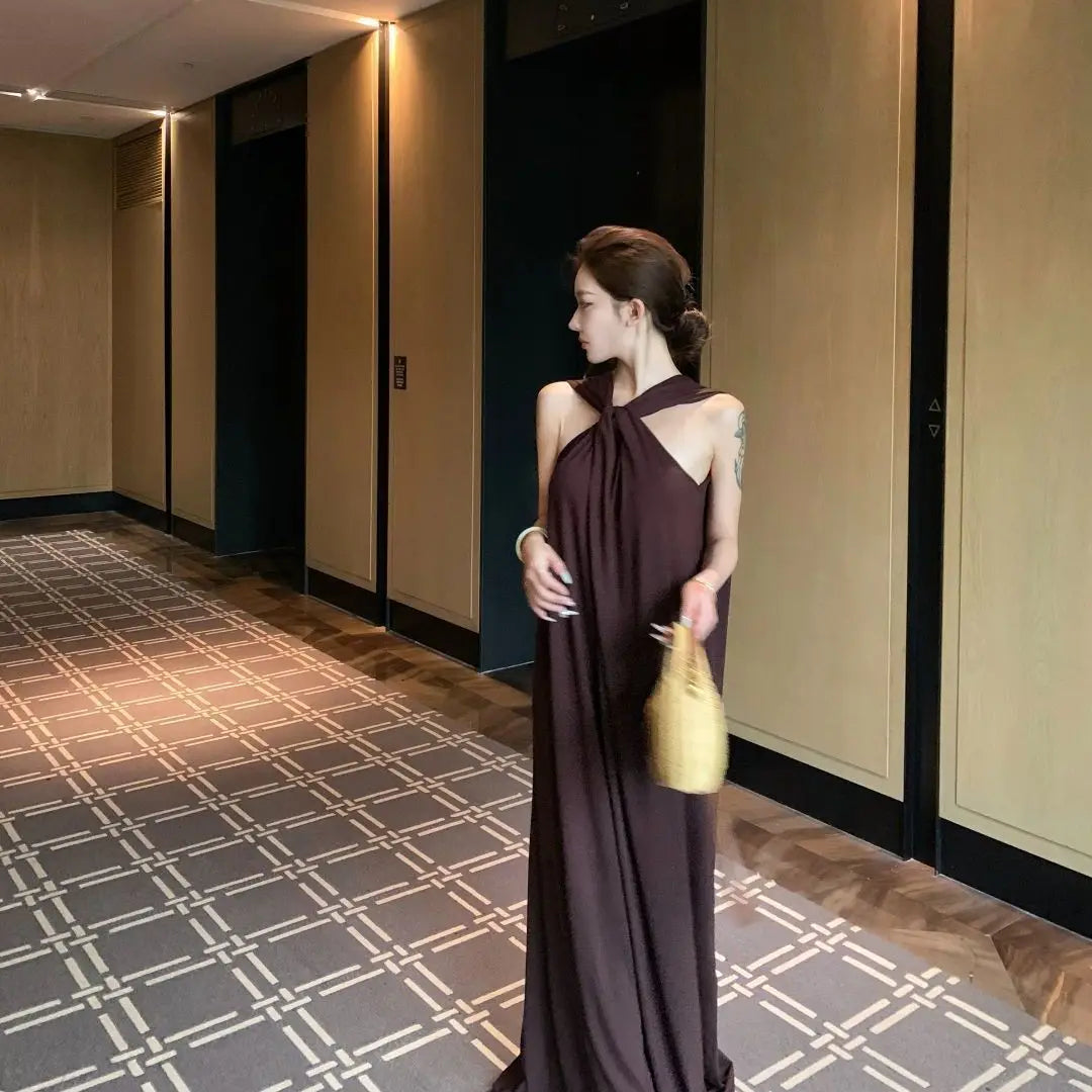 French Temperament Coffee Color Sleeveless Hanging Neck Dress For Women In The Summer Of 2026, New Slim And Flowing Long Dress