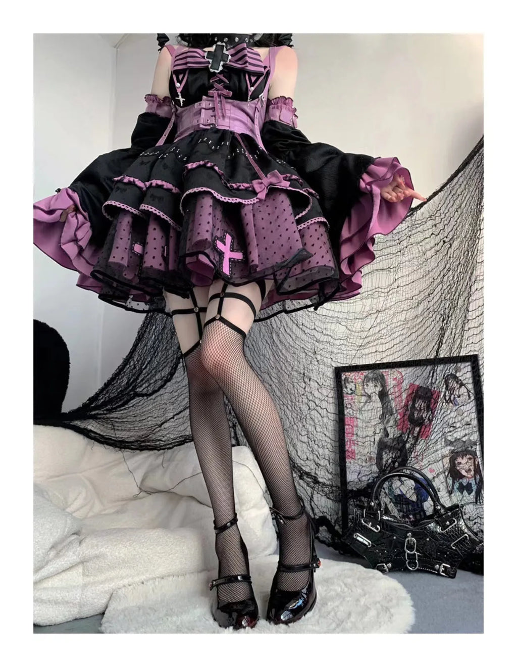 New 2024 Punk Gothic High Heels Pumps Women Rose Heeled Patent Leather Lolita Shoes Woman Y2K Ankle Straps Black Mary Jane Shoes