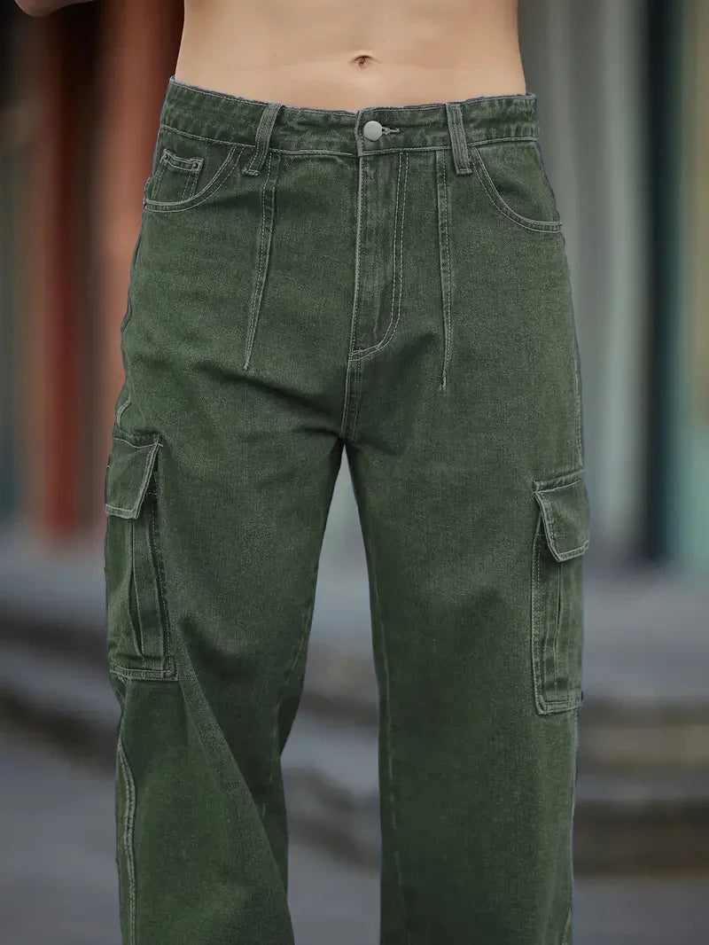 Men's Deep Blue Washed Denim Workwear Jeans Casual Multiple Pockets Design Loose Wide Leg Trousers Y2K Style Cargo Pants