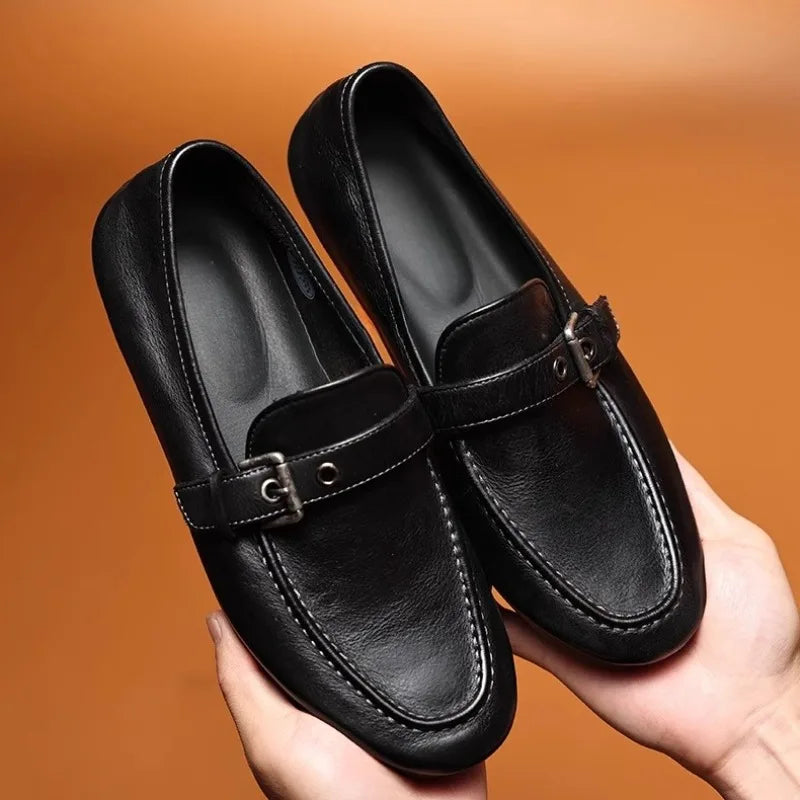 High-end Washed Genuine Leather Loafers Men's Shoes Slip on Fashion Trendy Casual Dress Work Leather Shoes Male Flats