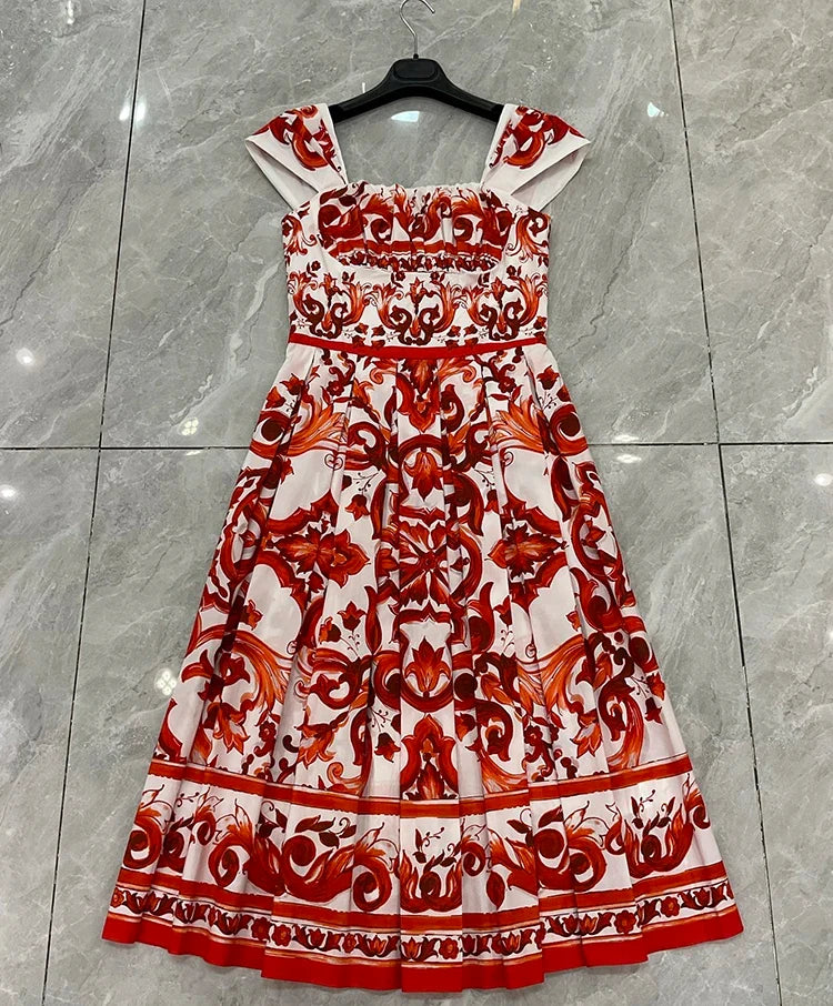 2026 Summer Women's New Fashionable Square Neck Short Sleeve Cotton Printed Waist cinching Mid length Dress