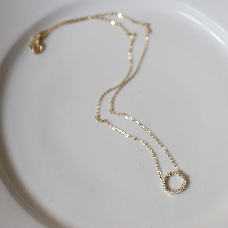 -100% S925 Sterling Silver Plated 18K Gold Necklace with Full Diamond Circle Style Japanese and Korean K Gold Collar Chain