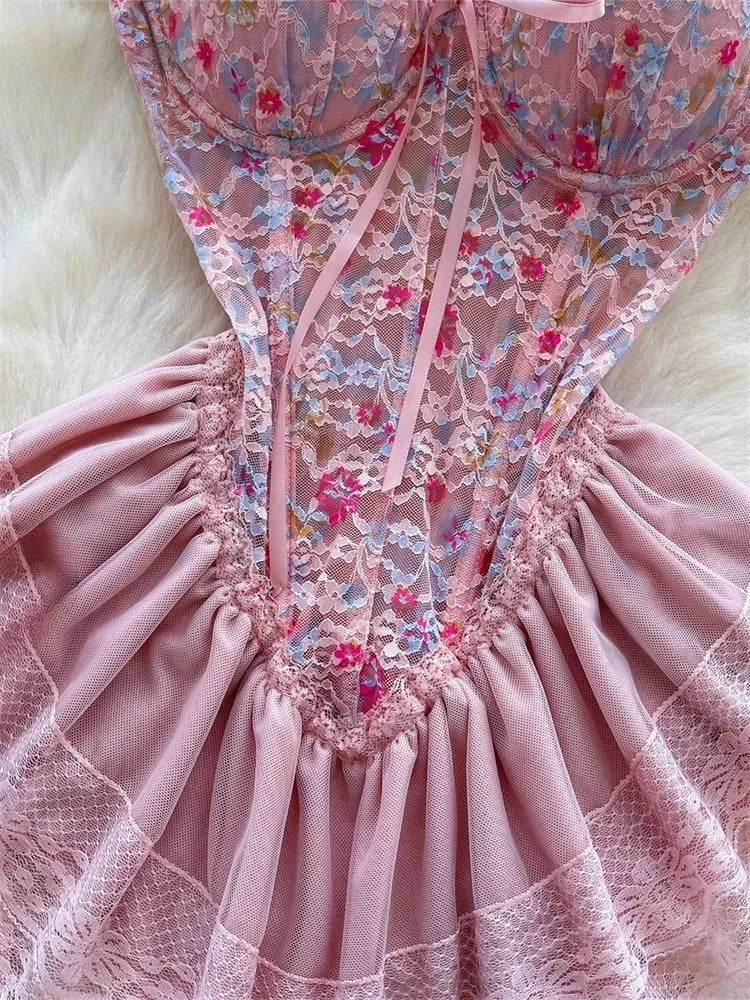 Woman Fashion Sexy Strap Dress New Sleeveless Slim Floral Print Mini Dress Comfortable Breathable Mesh Lace Mini Dress