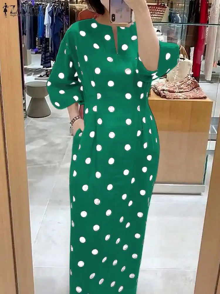 Elegant Women Dots Print Dress 2024 Summer Slim 3/4 Sleeve Vestidos Fashion V-Neck Party Midi Robe Office Pocket Dresses
