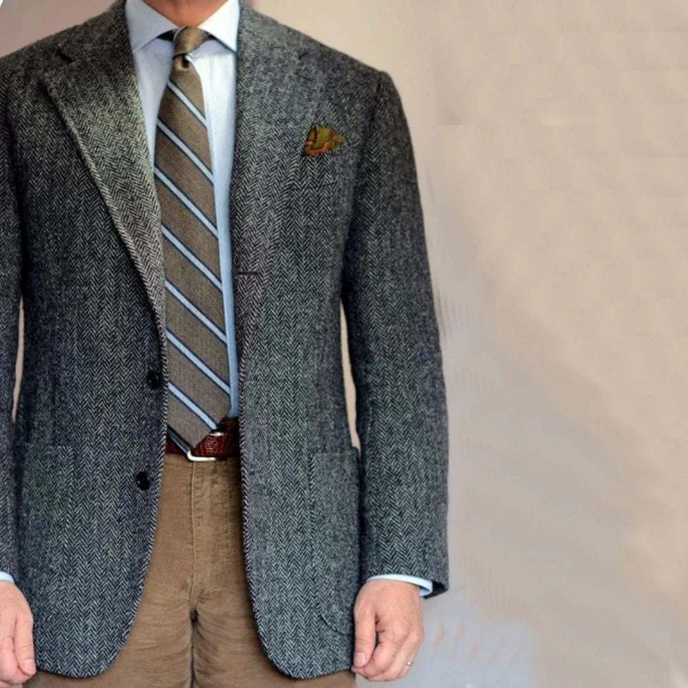 Dark Gray Business Suits Blazer Men Herringbone Notch Lapel Tuxedo Jacket Wedding Prom Party Grooms For Autumn Winter