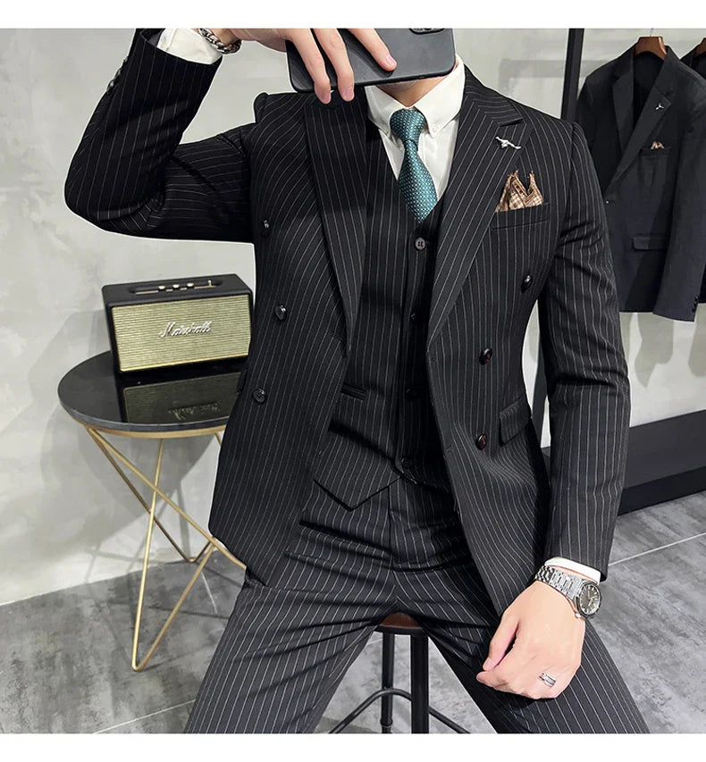 ( Blazer+Vest+Pants ) Groom Wedding Male Suit Luxury Brand Fashion Striped Men's Casual Business Office Double Breasted Suit