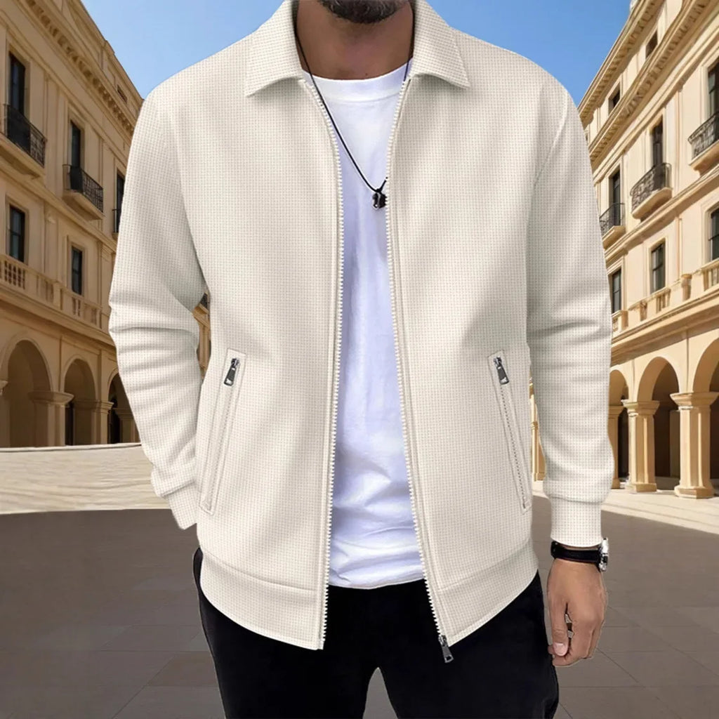 Men's Slim-fit Cardigan Solid-color Lapel Waffle Texture Zipper Pocket Casual Spring/Autumn 2025 Fashion