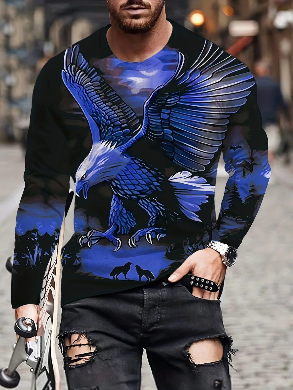 Men's Eagle Printed Long Sleeve Round Neck Retro Novelty T Shirt Autumn Fashion Large Size Long Sleeve Men's Shirt Clothing