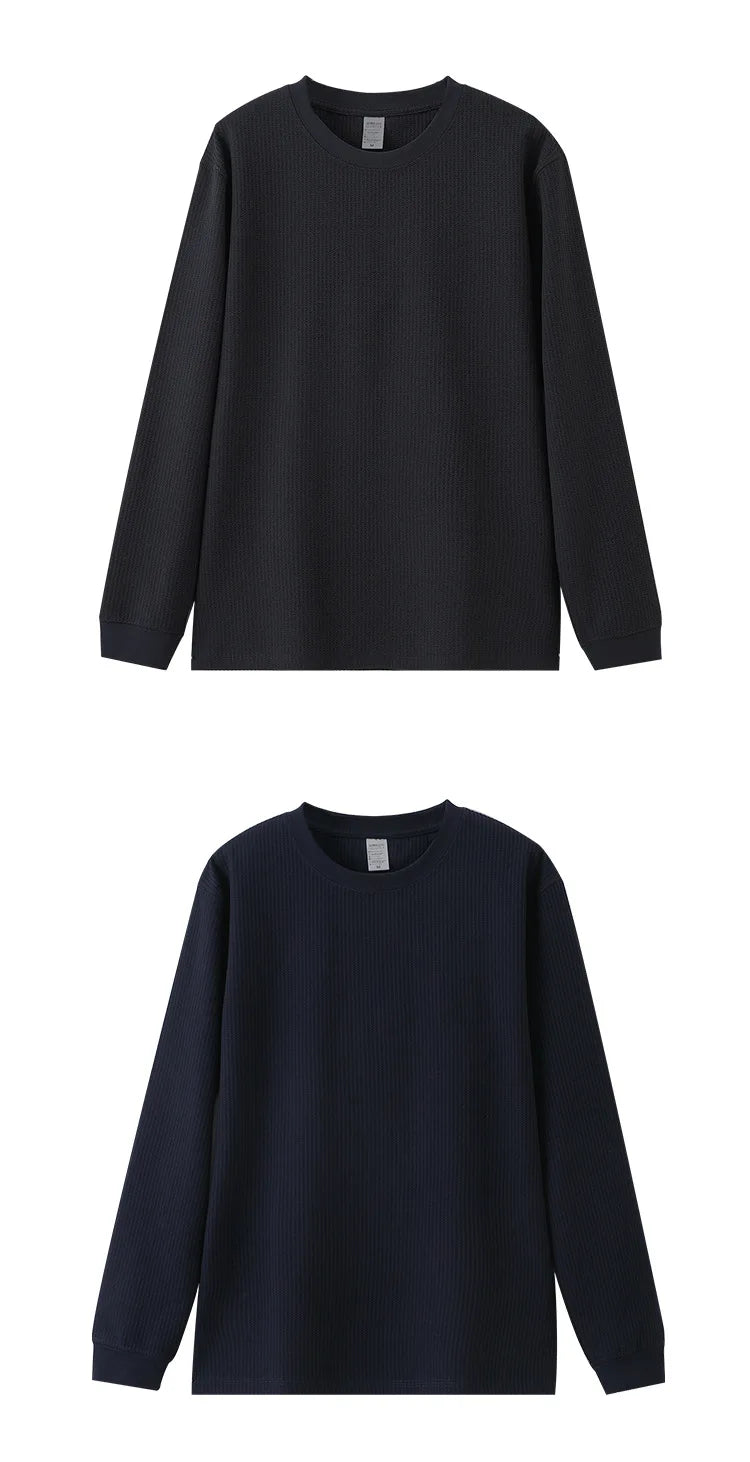Autumn Lightweight Waffle Knit Base Layer Top  Men - Fashionable Loose Fit Versatile Long-Sleeved Round Neck T-Shirt/Sweatshirt