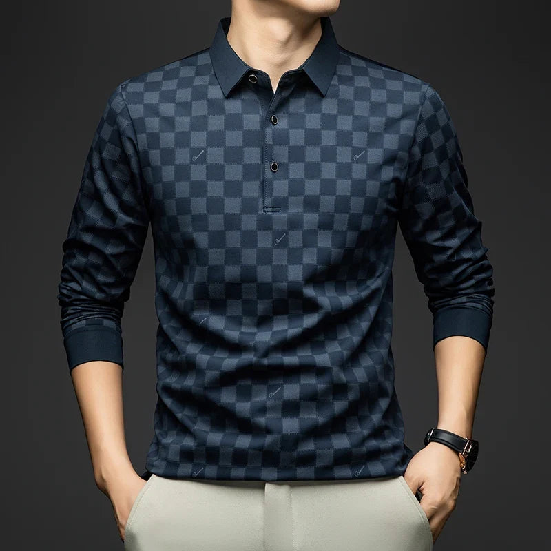 Polo Shirts for Man Autumn Business Slim Fit Long Sleeve T Shirt Men 2026 New Casual Loose Pullover Plaid Men Tops & Tees