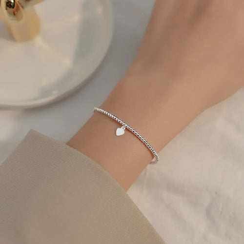 16cm Bracelets For Women Silver 925 Heart Silver Elastic Rope Round Bead Chain Sterling 925 Silver Women's Bracelet