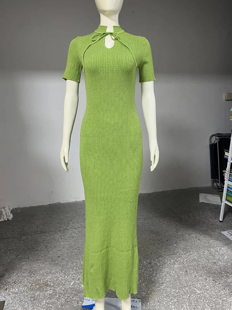 Tornova Retro Knitted Long Dress Female Short Sleeve Slim Hollow Retro Elegant Sweater Dress 2025 Summer High Waist Woman Dress