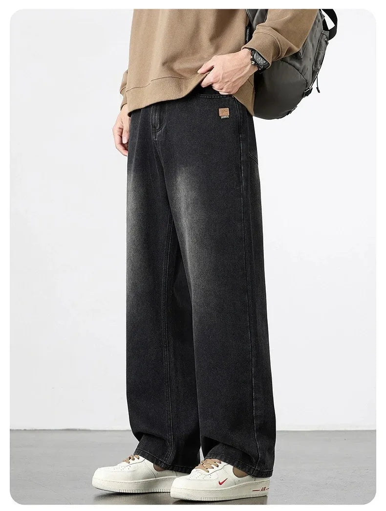 Spring Autumn American Retro Straight Jeans Men Streetwear Korean Fashion Loose Baggy Wide Leg Denim Pants Male Casual Trousers