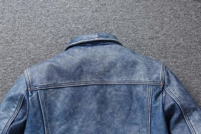 Men's Motorcycle Leather Jacket Light Blue Ami Khaki Retro Graphite Distressed Denim Genuine Leather Jacket Slim Short Jacket