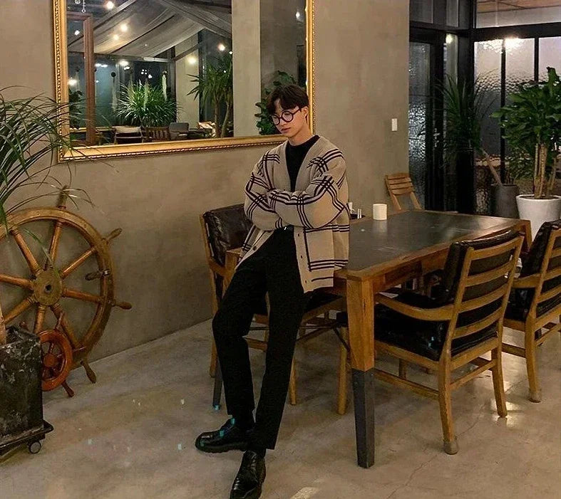 Men's Clothing Cardigan Jacket V Neck Coat Knit Sweater Male Plaid Elegant Casual Long Sleeve 100% Korean 2025 Autumn Classic A