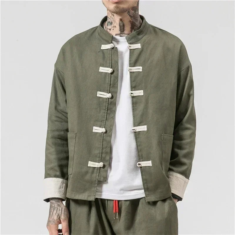 Kung Fu Coat Man Chinese Traditional Retro Autmn Long Sleeve Tang Suit Mandarin Collar Buckle Jacket Men Oriental Cotton Shirt