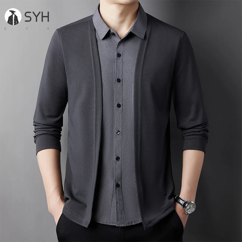Men's Casual Long Sleeved Shirt Fake Two Piece Comfortable Outdoor Cardigan Korean Version Solid Color Fashionable Versatile Top