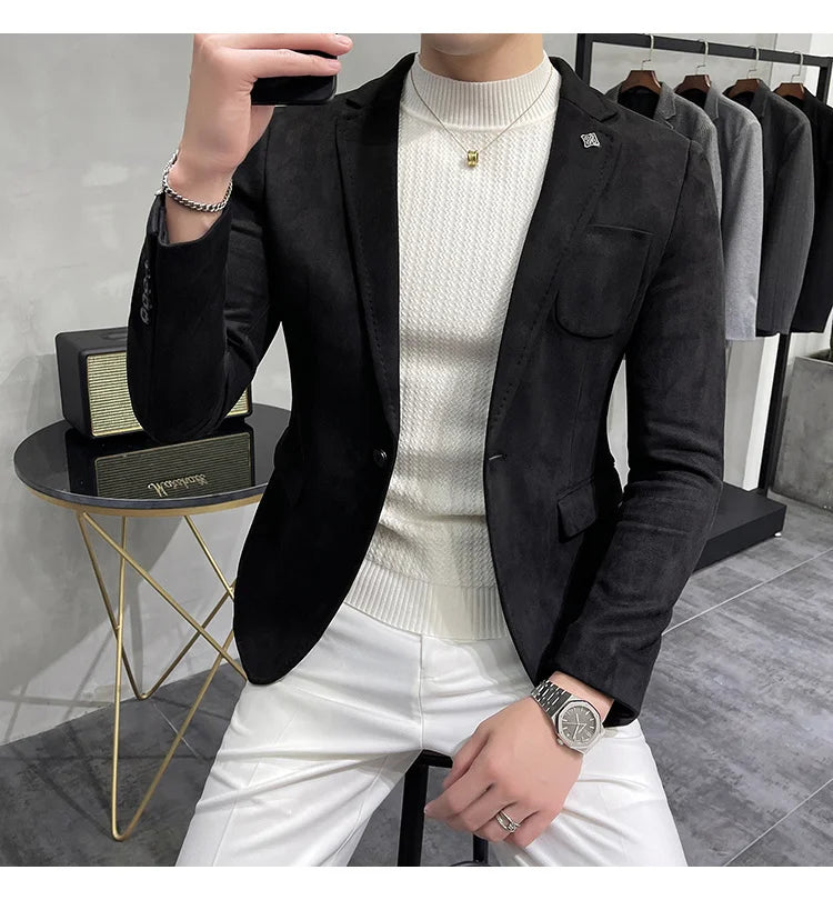 Plus Size 4XL-M Autumn Deerskin Velvet Jackets Blazer 6 Color Men Business Slim Blazers Hommes Casual Wedding Tuxedo Suit Coat