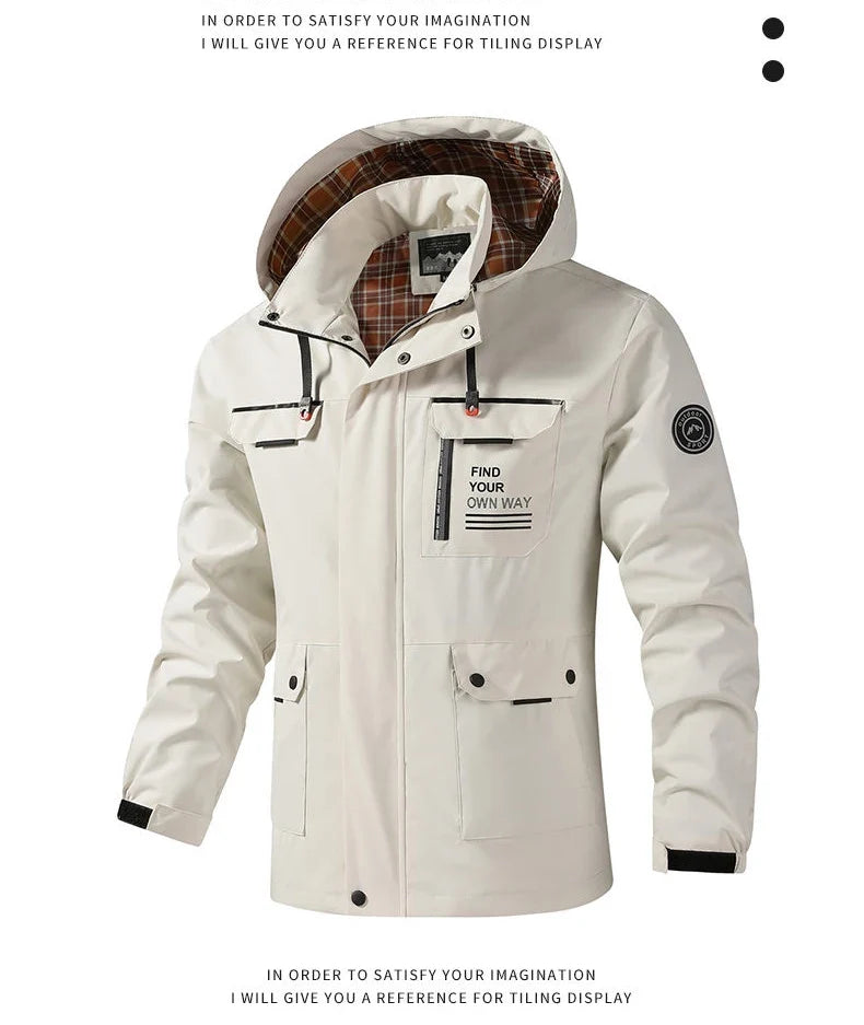 Hooded Waterproof Jacket Men Outdoor Softshell Zip Up Outwear Windbreaker Hiking Camping Coats Lightweight Spring Autumn Coats