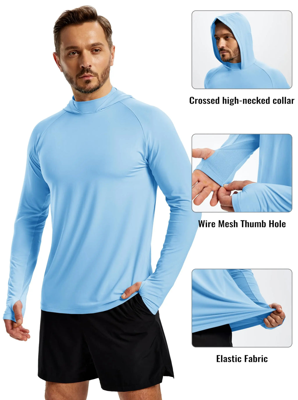 Men's UPF 50+ Hoodie Fishing Shirts Long Sleeve High Collar Mesh UV Sun Protection Rash Guard Swim Beach Running Hiking