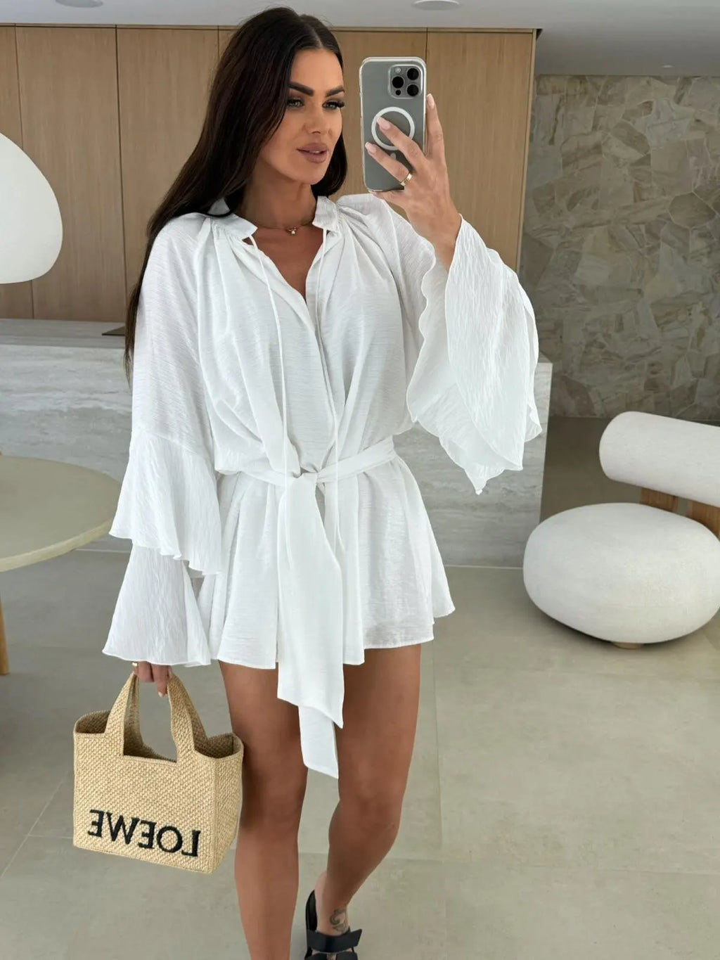 2026 Autumn Ruffle Loose Mini Dress Casual Flare Sleeve Holiday Dresses Sexy Deep V-neck Lace Up Solid Women's Dress Vestidos