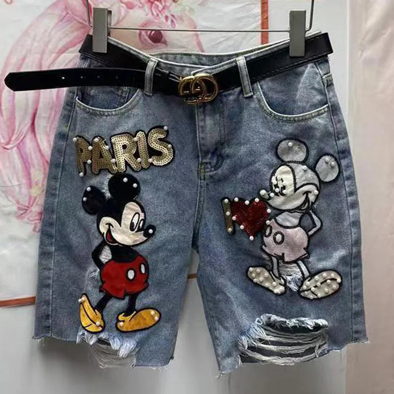 New Arrival Loose Casual Summer Top Fashion Cotton Embroidery Beading Mickey Mouse Summer Denim Shorts
