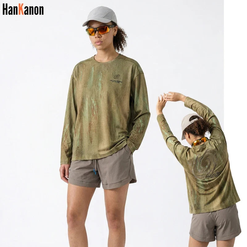 Men's Wasteland Style Long Sleeve T-Shirt - Distressed Digital Print & Loose Elastic Fit Casual Top Unisex