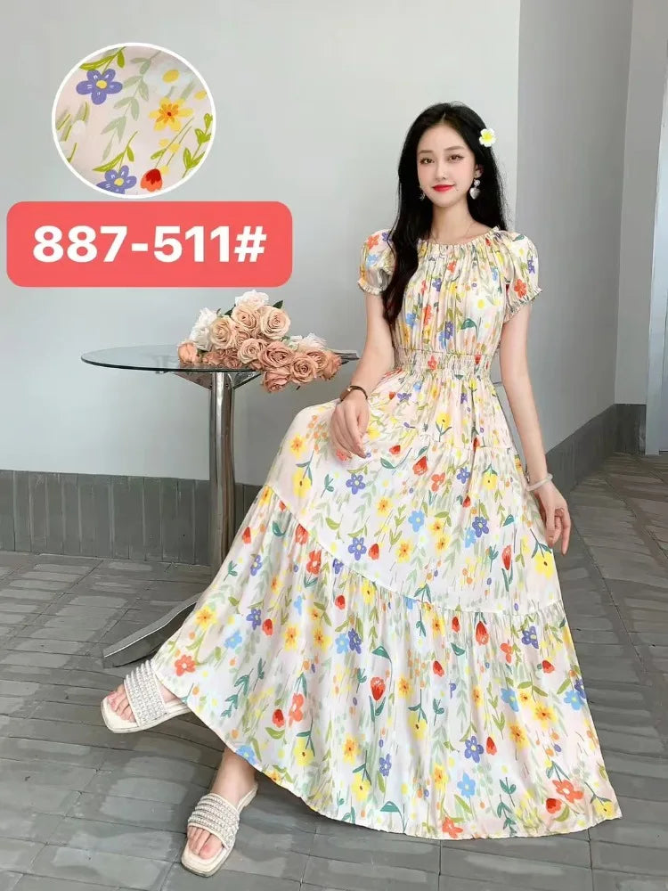 Vestidos Robe Maxi Long Dress Women Summer Indian Clothes Bohemian Cotton Linen Floral Short Sleeve Korean Style Casual