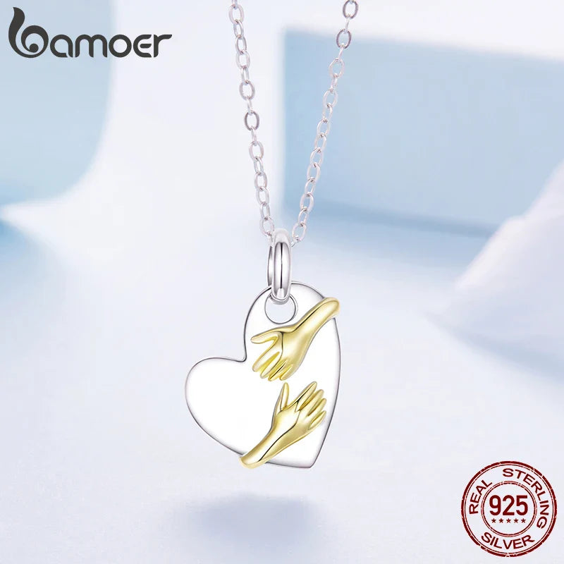 925 Sterling Silver Two-tones Hug Necklace Heart Pendant Chain Necklace for Women Mother's Day Gift Guard Jewelry