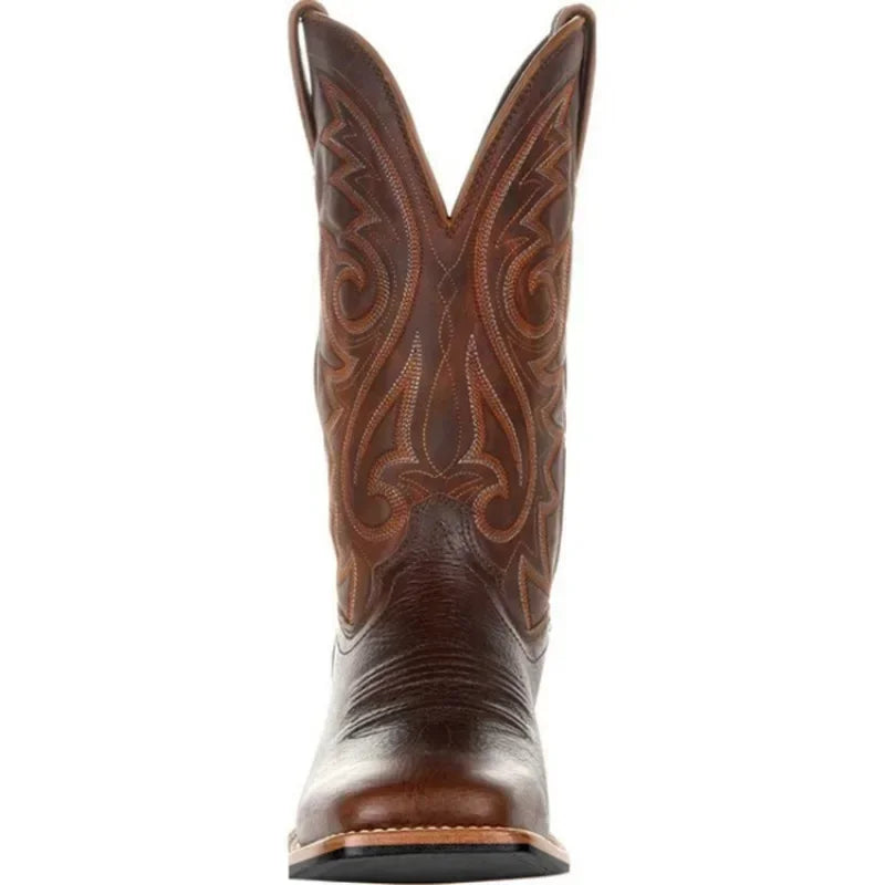 Men Boots Mid Calf Western Cowboy Motorcycle Boots Male Autumn Outdoor PU Leather Totem Med-Calf Boots Retro Designed Men Shoes