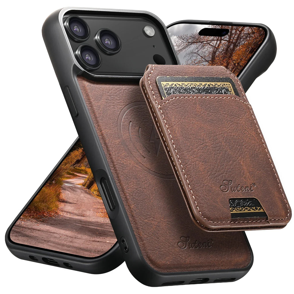 SUTENI Wireless Charging Phone Case Magnet Card Holder Stand Faux Leather For iPhone 17 Pro Max 16 Plus 15 14 13 12