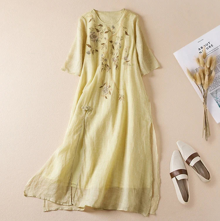 Summer New Hemp Dr Embroidered round Ne Five-Quarter Sve Fairy Beautiful Long Women's Dr New Chinese Sle