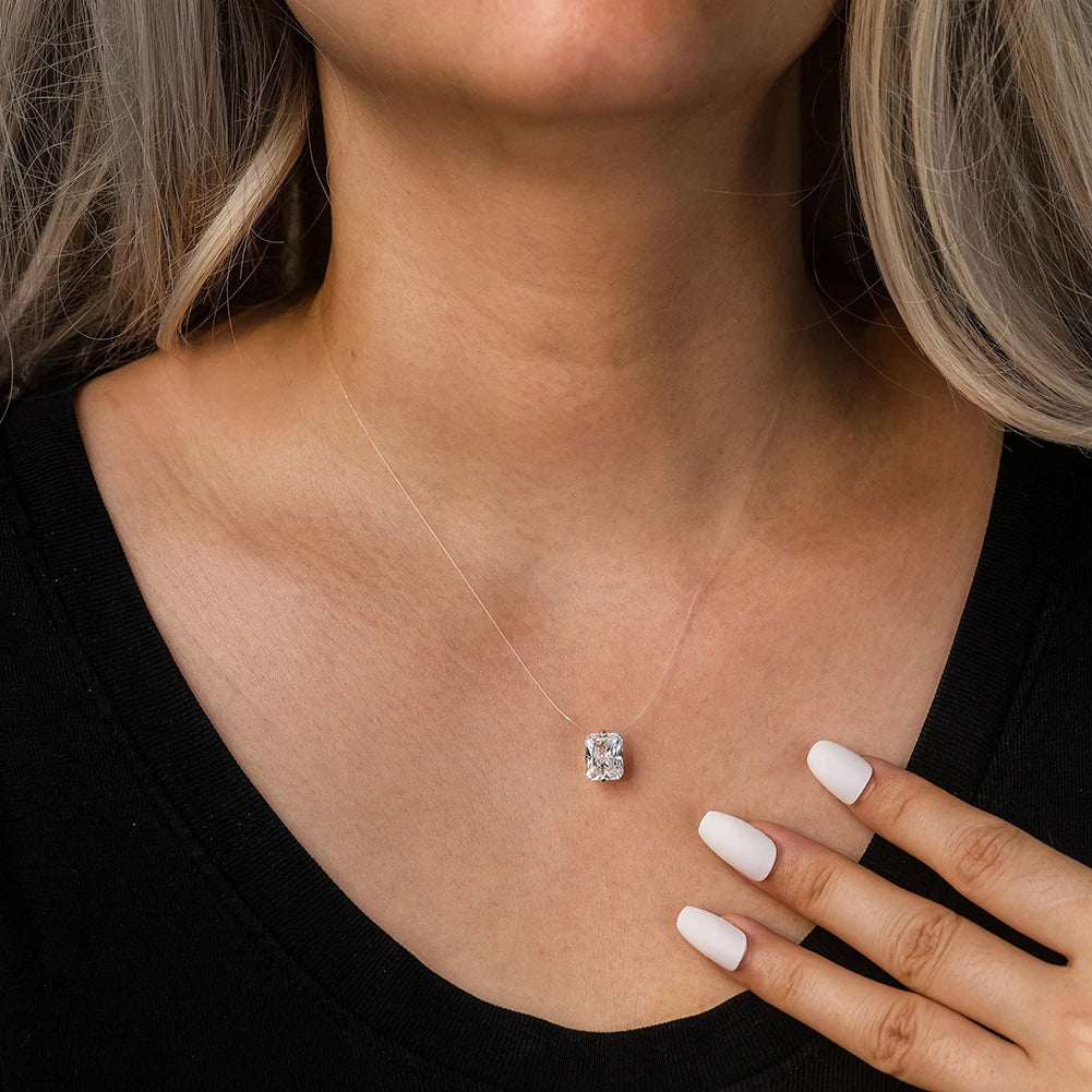 Top Quality 925 Silver Transparent Invisible Fishing Line Chain Shiny 8A Zircon Rectangle Pendant Necklace LZN34