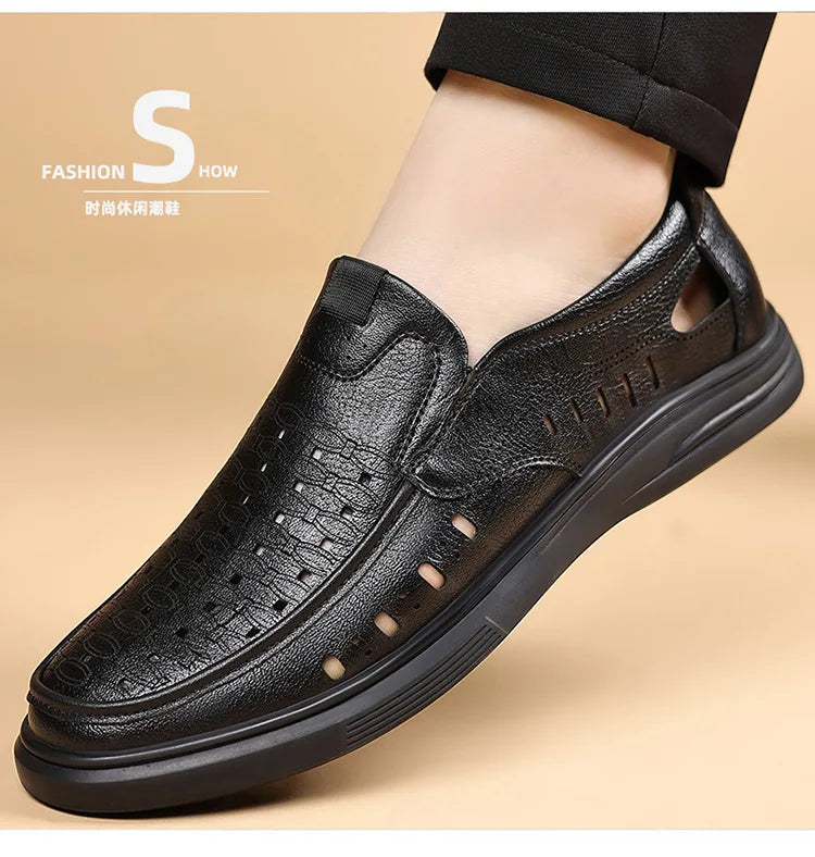 Spring Summer New Hallow Breathable Loafers for Men Fashion Casual Leather Shoes Male Solid Color Soft Sole Designer Shoes Man