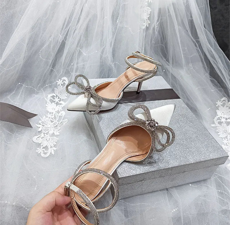 2025 New Fashion Glitter Rhinestones Women Pumps Crystal Bowknot Silk Pointed Toe Buckle Strap Thin High Heels Party Prom Shoes