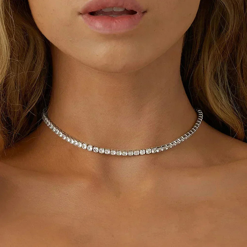 2mm All Moissanite Tennis Necklace for Women 925 Silver Plate 18K Gold Choker Chain Sparking Diamond Riviera Necklace Adjustable