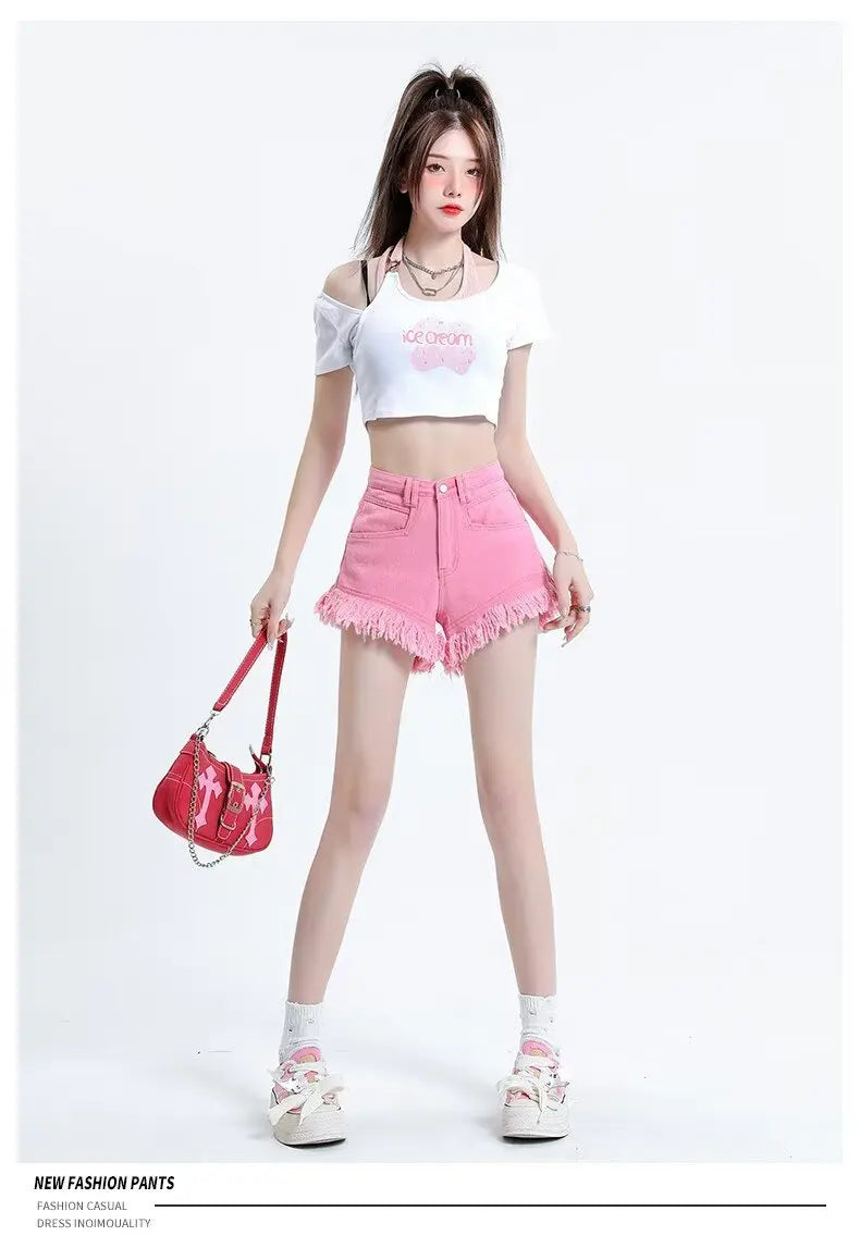 Women's Pear-shaped Friendly Denim Shorts 2026 Summer New High Waist Frayed Hem Casual Streetwear Wide Leg Hot Pants