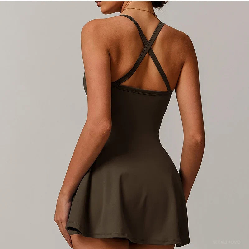 Womens Tennis Dress with Shorts Underneath Workout Dress with Built-in Bra Deep V Neck Athletic Dresses Golf Dress