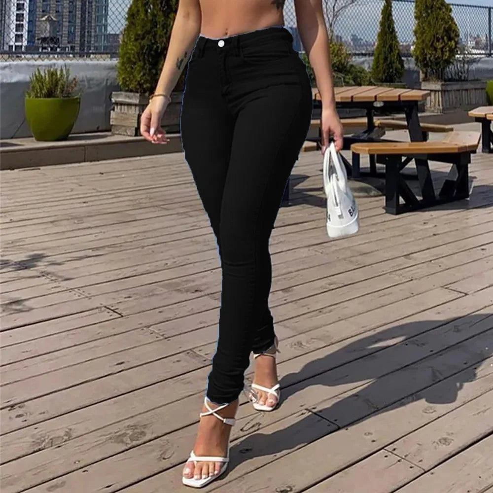 بنطلون جينز نسائي ضيق مطاطي بخصر متوسط