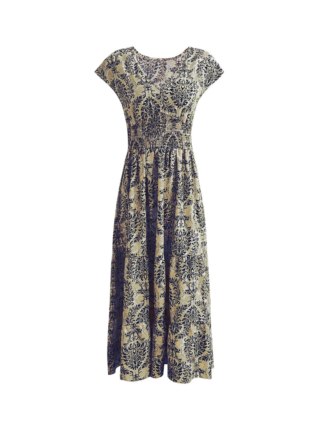 2026 Vintage Printed Dress Fashionable and Elegant V-Neck Short-Sleeved Jumpsuit Long Skirt Women's Clothing