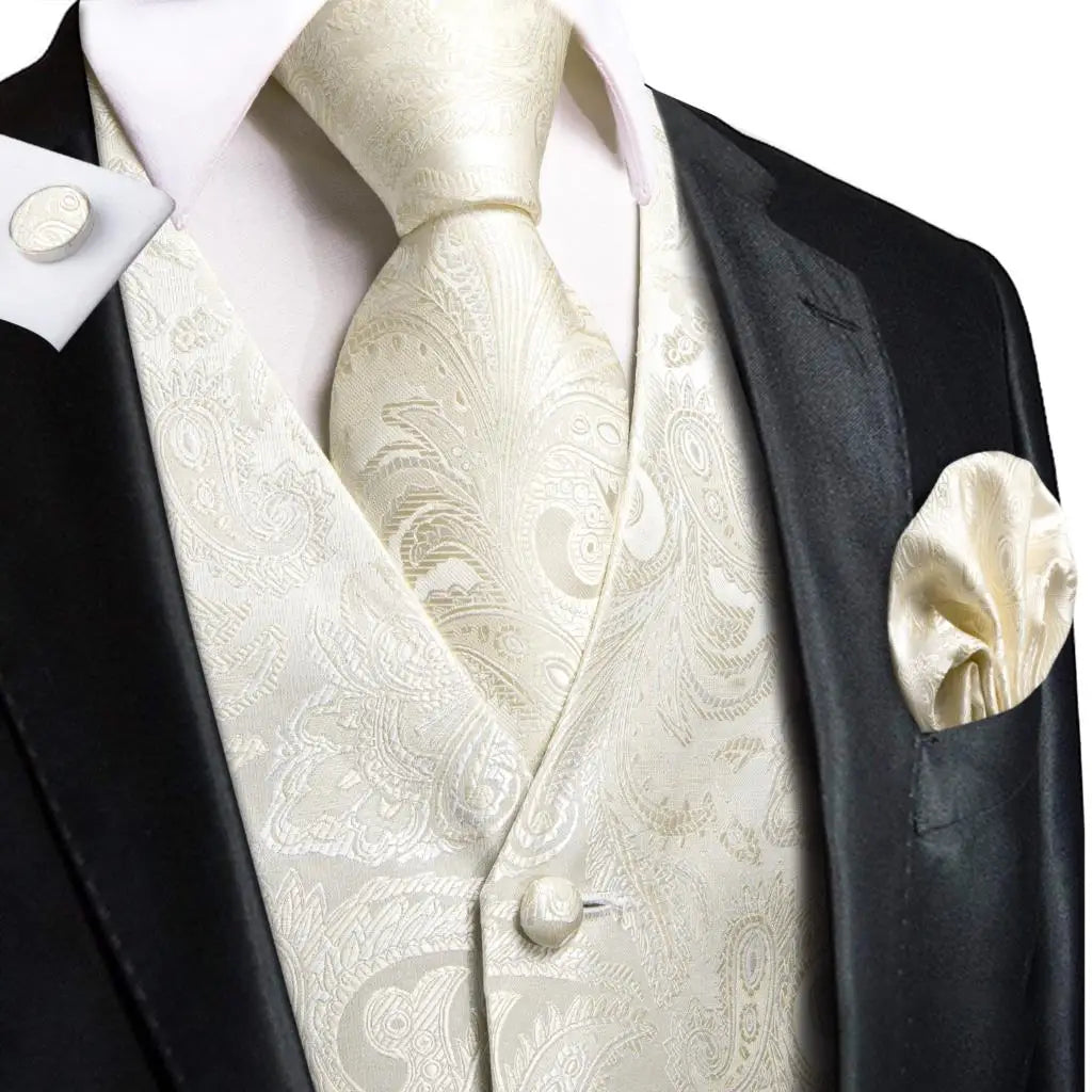 Silk Mens Waistcoat Tie Set Gold Brown Orange Beige Ivory Khaki Bronze Sleeveless Jacket Suit Vest Necktie Hanky Cufflink