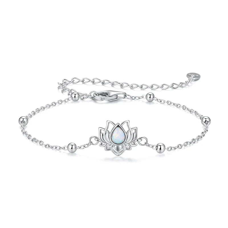 925 Sterling Silver Opal Lotus Chain Bracelet Round Beads Adjusable Link Chain for Women Teens Vintage Flower Wrist Decor
