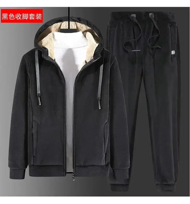 Men Sports Suits Tracksuit Sets Hoodies Casual Hooded Warm Sweatshirts+Pants Thicker Fleece New Jacket+Pants 2 Pieces Velvet Set