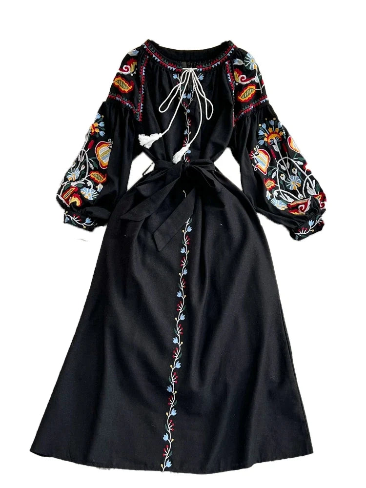 Retro Ethnic Sle Long Sve Embroidered round Ne A-Line Cotton Linen Dr Slimming Waist Cinched Ele Long Dr